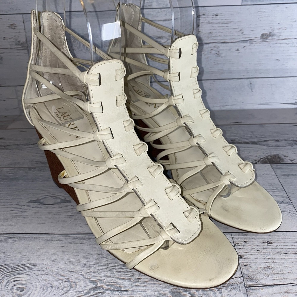 Lauren Ralph Lauren Sandals‎ Womens 9.5 B Off White Alexandria Strappy Zip Wedge